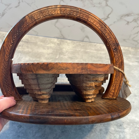 Wooden Collapsible Carved Basket/Trivet Two Compartments Rosewood NEW - Picture 13 of 14